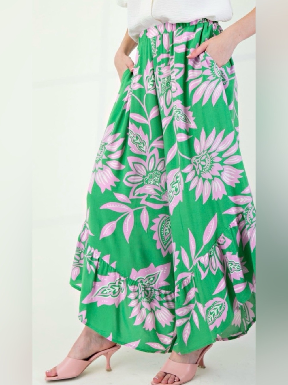 Easel Green Floral Maxi Skirt with Pink Print